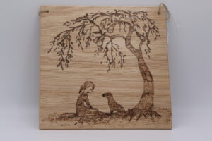 Girl under tree with dog done in pyrography style w20cmxh20cm £18.00+pp
