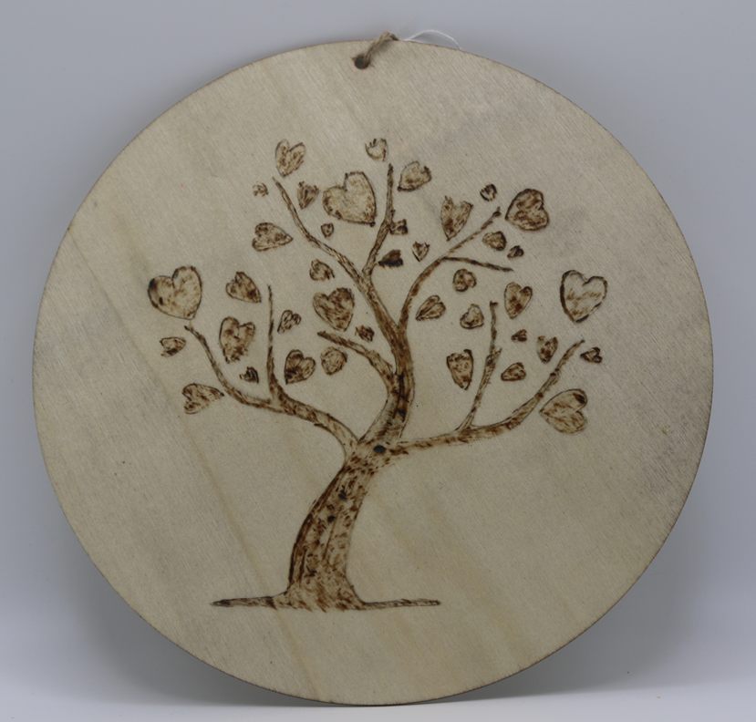 Love heart tree on round dice pyrography style 20cm round can be hang up £8-00 +pp