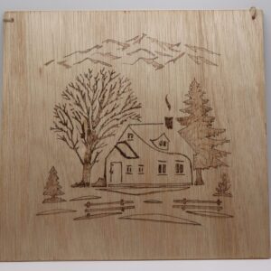 a cottage scene pyrography style 29cm square £18-00
