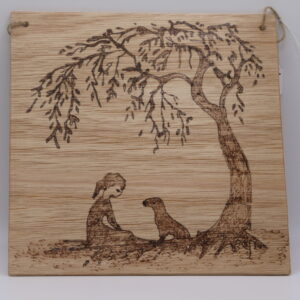 Girl under tree with dog done in pyrography style w20cmxh20cm £18.00+pp
