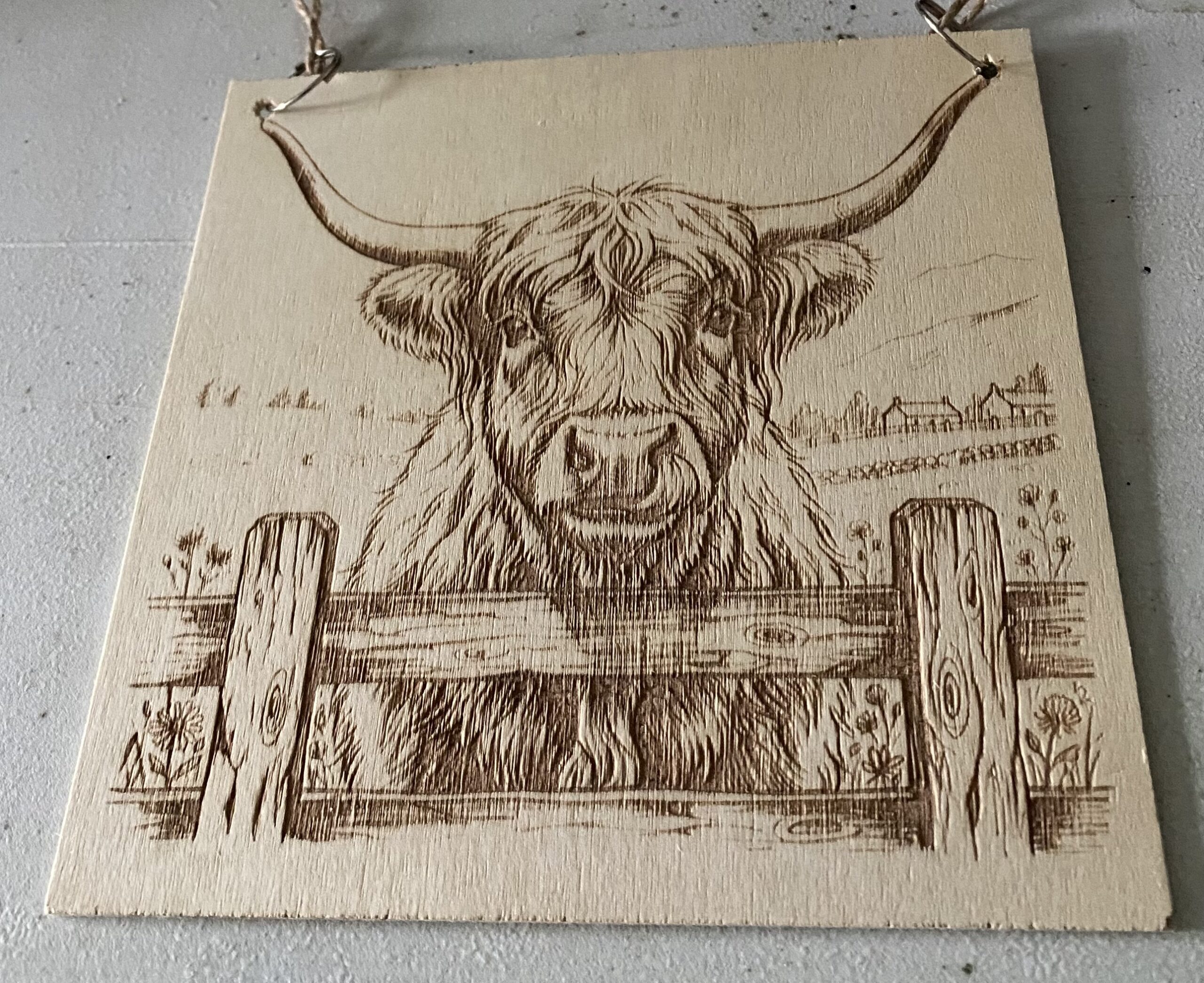 A highland cow on a wood plaque