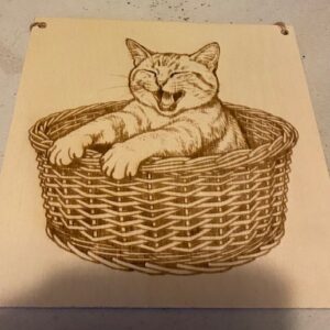A cat in a basket on this plaque
