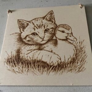 A cat and duck on a plaque