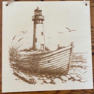 A BOAT WITH A LIGTHOUSE